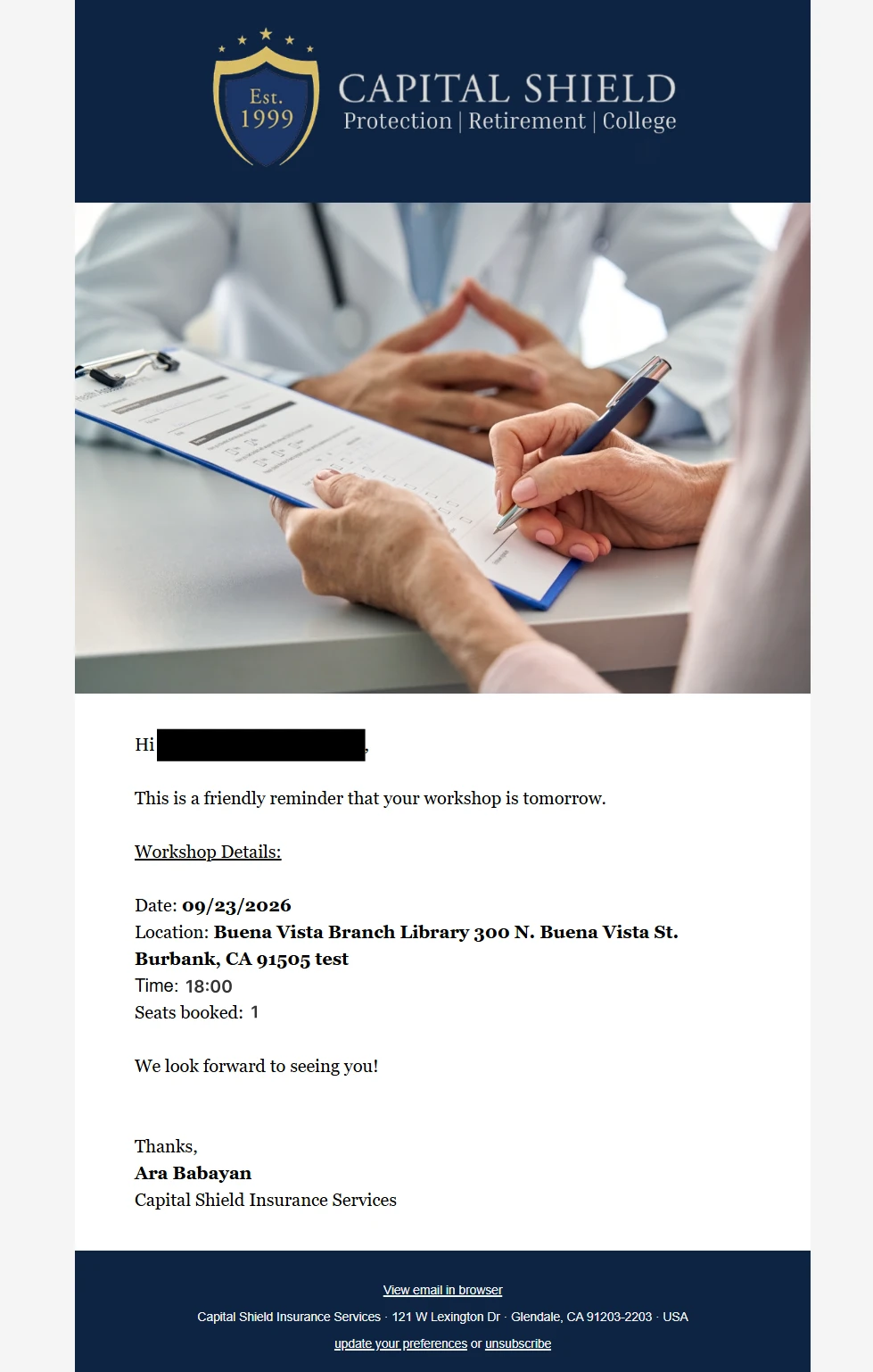 Automated 1 day before reminder email delivered to a registered participant