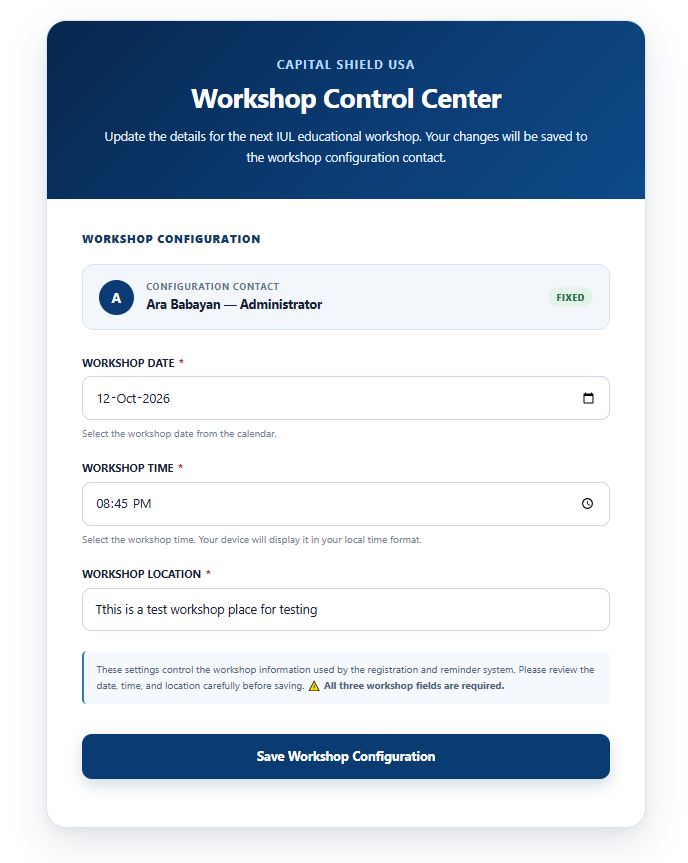 Admin Control Center interface showing workshop date, time, and location configuration fields