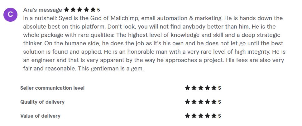 Client review from Ara praising Syed Raiyan's Mailchimp automation engineering