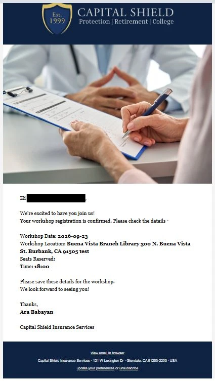 Confirmation email delivered to a returning participant for a newly scheduled workshop