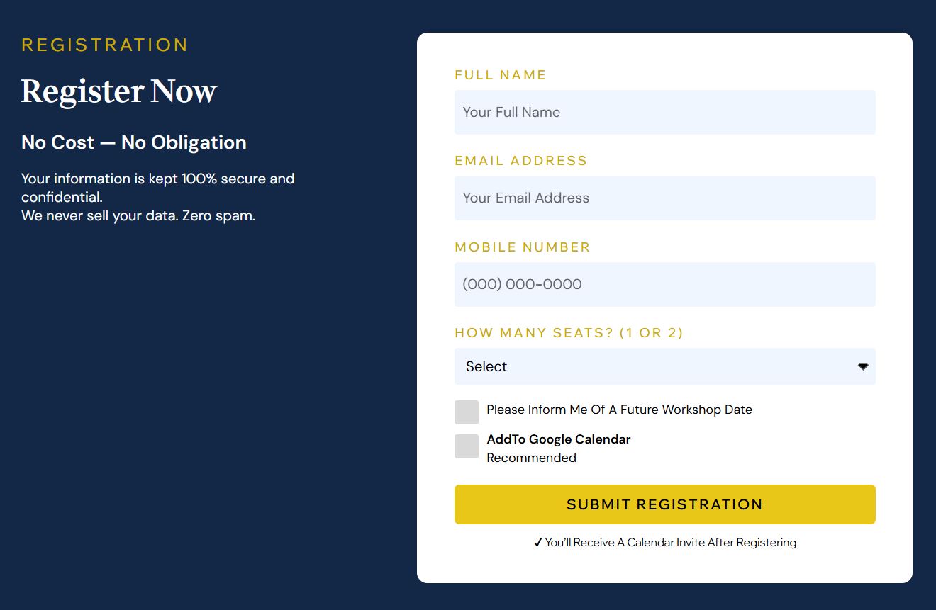 Registration form with attendee information and seat selection