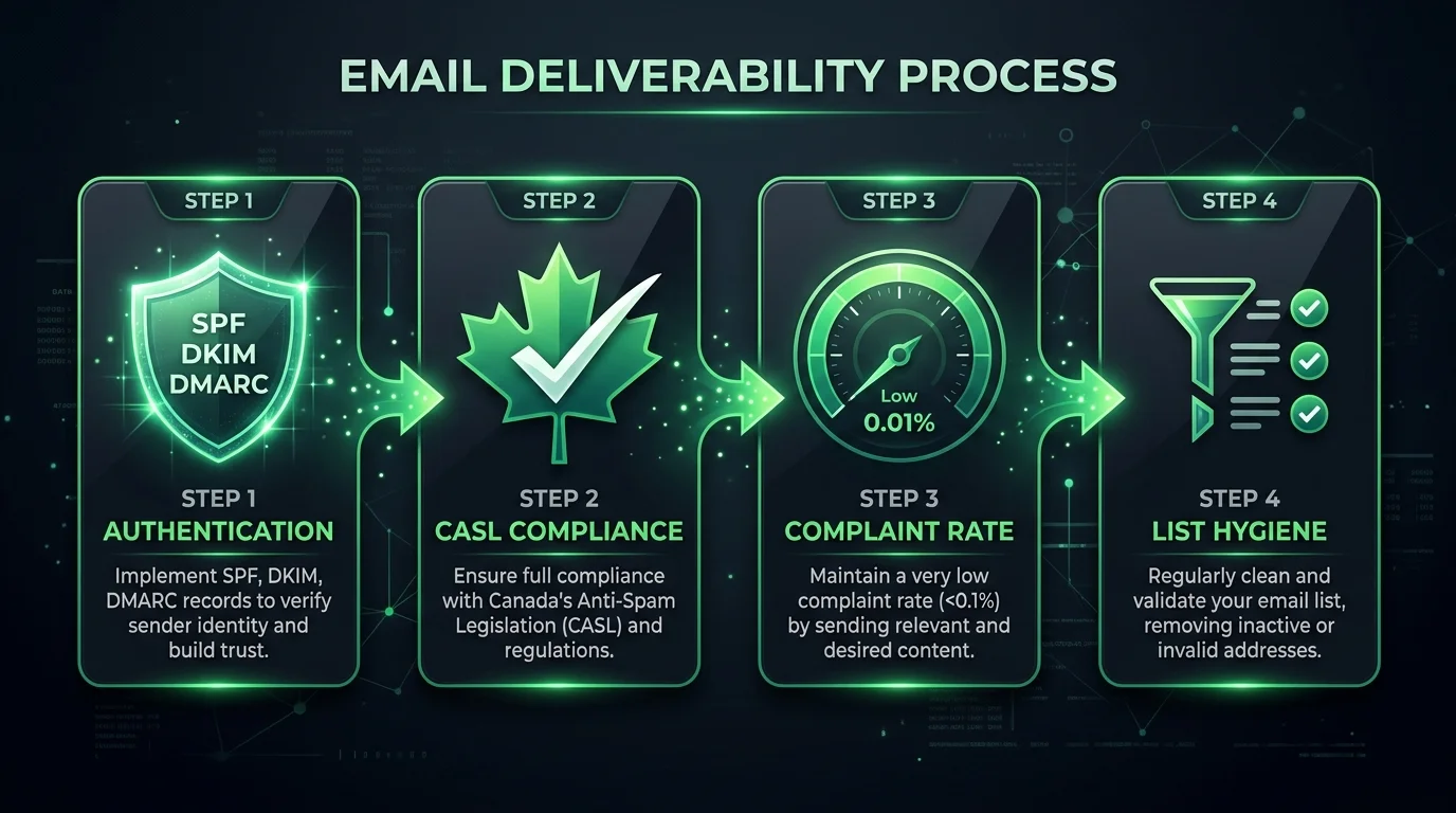 Four-part email deliverability audit process for Canadian small businesses: authentication, CASL compliance, complaint rate monitoring, and list hygiene