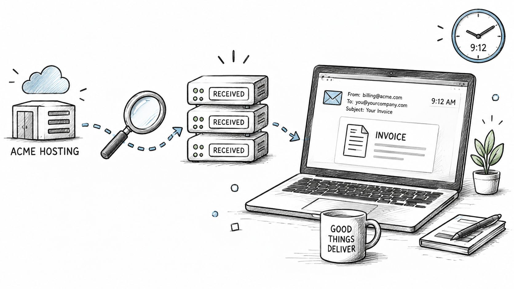 A diagram illustrating the email process from Acme Hosting through servers to a received invoice on a laptop