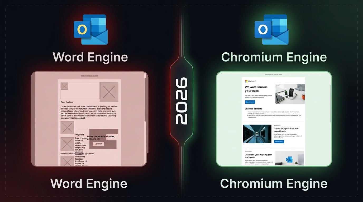 Classic Outlook Word rendering engine vs New Outlook Chromium engine — email rendering comparison 2026