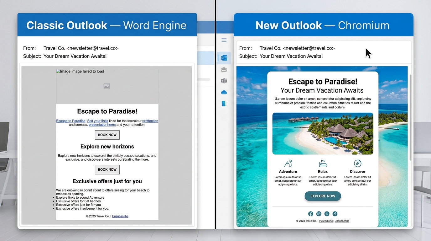 Same HTML email rendering in Classic Outlook Word engine (broken) vs New Outlook Chromium engine (correct) — side by side comparison 2026