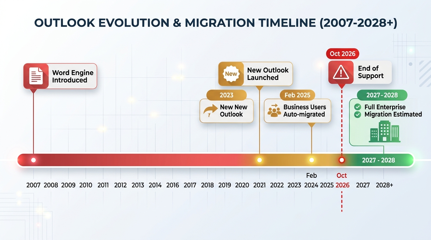 Outlook rendering engine transition timeline 2007 to 2028 — from Word engine to Chromium, with October 2026 end of support marker and estimated enterprise migration window