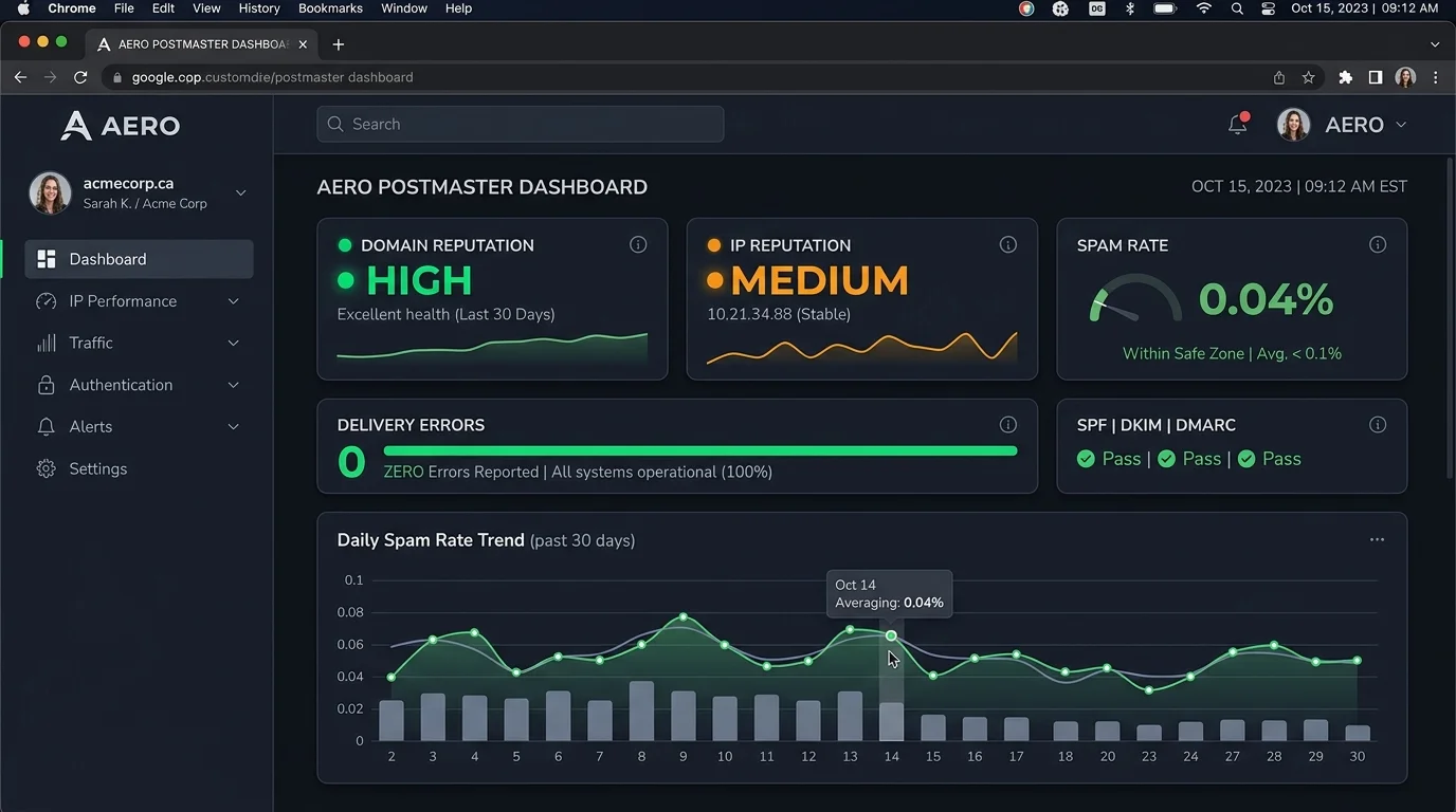 Google Postmaster Tools domain reputation dashboard showing healthy email deliverability metrics for a Canadian business after a deliverability audit