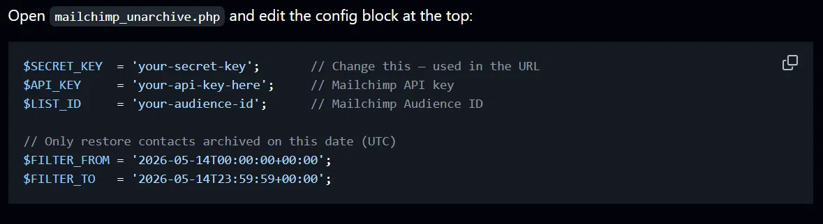 PHP configuration block showing $SECRET_KEY, $API_KEY, $LIST_ID variables and $FILTER_FROM and $FILTER_TO date range settings