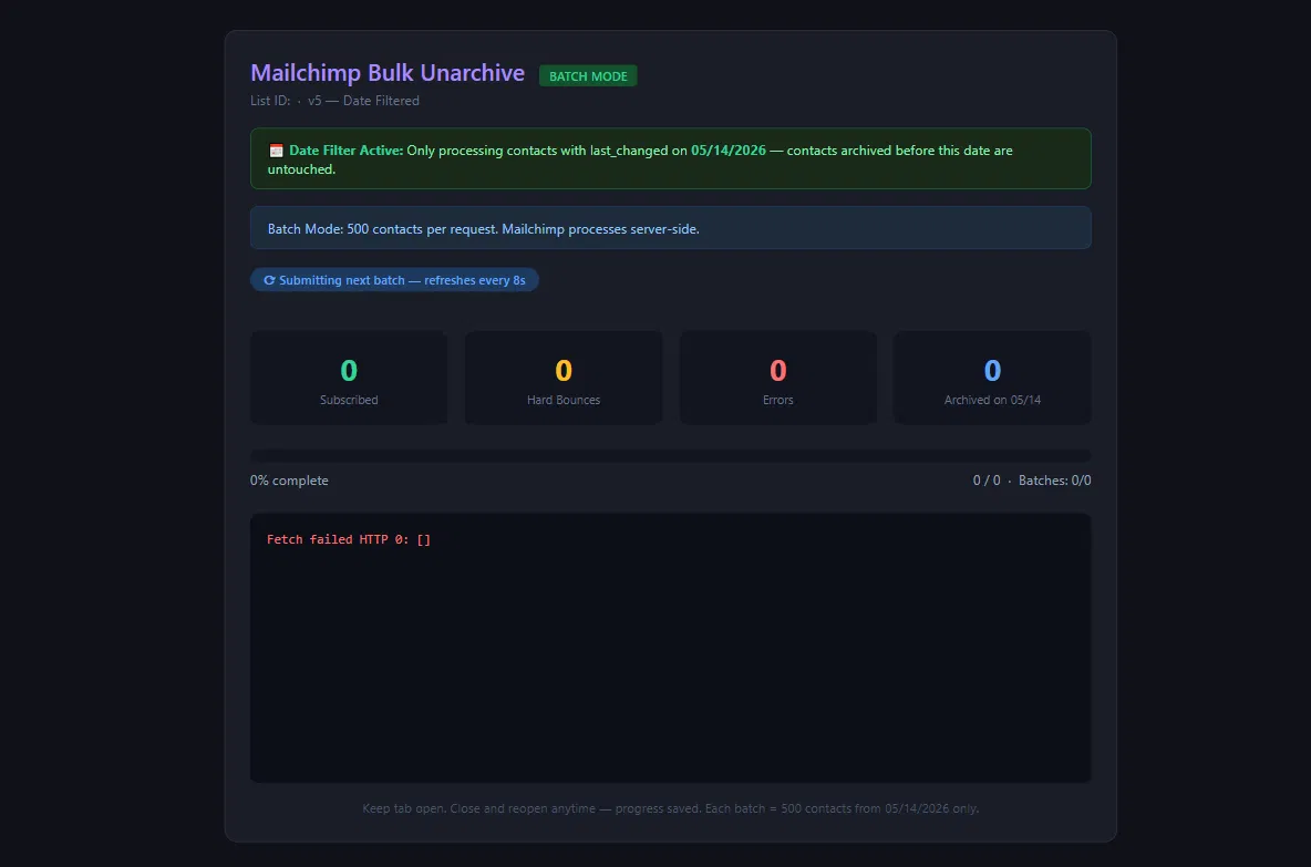 Mailchimp Bulk Unarchive dashboard showing batch mode, date filter active for 05/14/2026, and live progress display